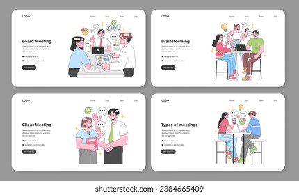 Professional meeting set. Teams collaboratively working at office tables. Board decisions, group brainstorming, client consultations, and diverse discussion types. Flat vector illustration.
