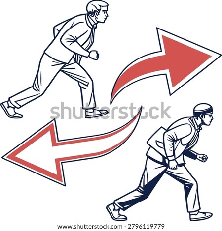 Professional men in suits rushing, career progress concept, growth direction, corporate speed, retro line drawing.