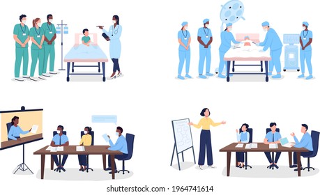 Professional men and women at training flat color vector faceless character set. Workshops and seminars isolated cartoon illustration for web graphic design and animation collection