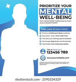 Professional mental health awareness template featuring practical self-care tips in a modern blue design. Ideal for healthcare providers, wellness centers, and mental health campaigns.