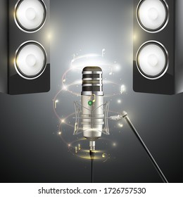Professional microphone and acoustic systems on a grey background, with luminous ribbon