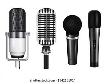 Professional microphone collection for karaoke and concert in realistic style isolated on white background vector illustration