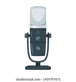 Professional microphone flat vector illustration. Communication technology device. Podcast and karaoke. Sound recording, radio broadcasting equipment isolated design element