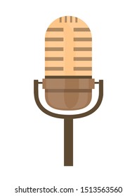 Professional microphone flat vector illustration. Retro metal mic, classic singer accessory. Musical entertainment show, singing concert equipment, stage performance attribute. Podcast symbol