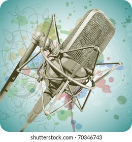 Professional Microphone & Floral calligraphy ornament - a stylized orchid & color paint background. Eps10