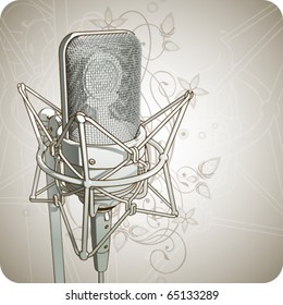 Professional Microphone & floral ornament - vector