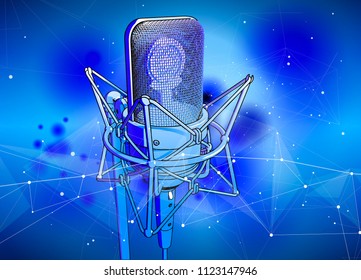 Un micrófono profesional con un fondo tecnológico azul está rodeado por una ola de sonido. Atmósfera de estudio de grabación de sonido, concierto de cámara, discoteca nocturna o club de karaoke / vector