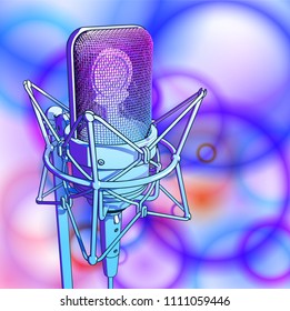 Professional microphone on a bright multi-colored background of radial figures. The atmosphere of a recording studio or radio station, a chamber concert, a night disco club or a karaoke club / vector