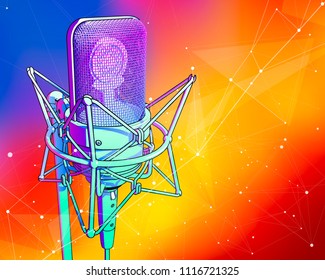 A professional microphone on a color technological background is surrounded by a sound wave. Atmosphere of sound recording studio, chamber concert, night disco club or karaoke club / vector