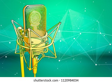 A professional microphone on a green technological background is surrounded by a sound wave. Atmosphere of sound recording studio, chamber concert, night disco club or karaoke club / vector