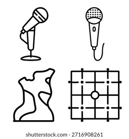 Micrófono de Profesional en el soporte, micrófono de mano con cable, forma de fluido orgánico Abstractas y conjunto de iconos de contorno de rejilla de enfoque