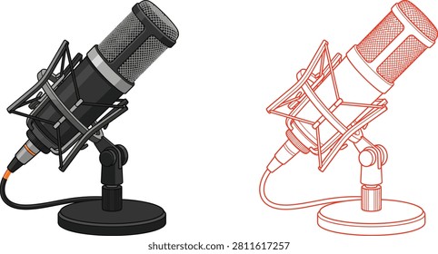 A professional microphone with a shock mount and stand