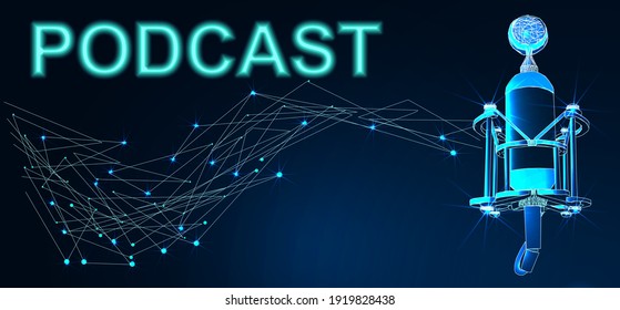 Professional microphone with waveform on blue background banner, Podcast or recording studio background. Digital low poly wireframe of futuristic vector. 