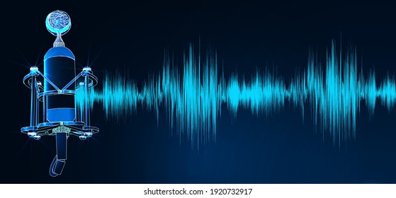 Professional microphone with waveform on blue background banner, Podcast or recording studio background. Digital low poly wireframe of futuristic vector. 