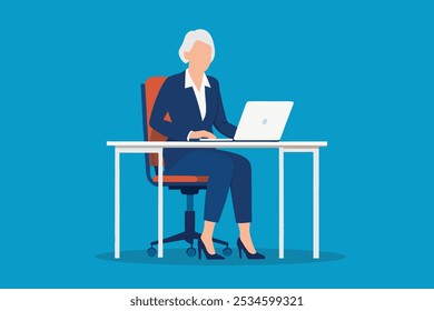 
Profesional de mediana edad directora ejecutiva de la empresa trabajando mirando la computadora en el lugar de trabajo Ilustración vectorial plana aislada.