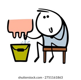 Professional milkmaid pulls on teat of the udder. Vector illustration of  cartoon farmer milking a cow and producing fresh milk on farm. Environmentally friendly product. Drink for children.