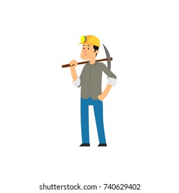 professional miner stands with a pickaxe. vector