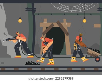 Professional miners extracting minerals underground, flat vector illustration. Men in uniform digging tunnels. Mine industry workers. Coal extraction concept.