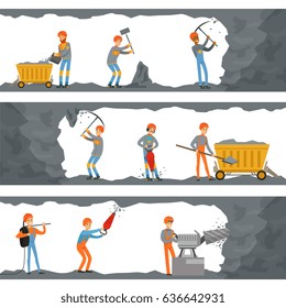 Professional miners working in a mine. Coal industry, shaft with many levels and appliances