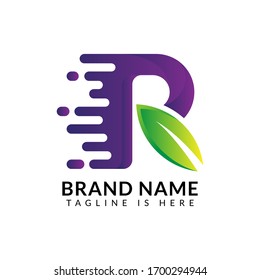 Logotipo profesional mínimo de gradiente R y cola de hoja.