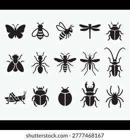 A professional minimal insect vector icon pack featuring a wide variety of insects and bugs in modern silhouette design. Perfect for educational platforms, scientific illustrations, and ecology visuals.