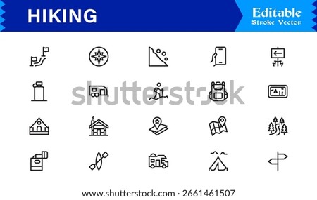 Professional, minimal, and pixel-perfect line icon collection featuring hiking gear, camping tools, and wilderness travel symbols for digital projects.