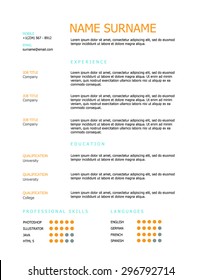 Professional minimal resume template design with orange and blue headings. 