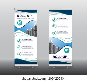 professional minimal roll up banner design template in dark blue , green colors