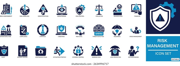 A professional and minimal vector icon set focused on risk management. Includes icons such as warning sign, shield, risk analysis, compliance, threat, business protection, and crisis management. 