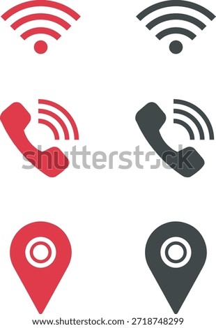 Professional Minimalist Connectivity and Communication Icon Set
This premium vector icon pack features a collection of essential communication symbols designed for modern digital interfaces and print media. The set includes high quality renditions of Wi Fi signal bars, telephony handsets, and GPS location pins. By offering these icons in both vibrant red and classic slate grey, the pack provides designers with immediate options for call-to-action (CTA) elements or neutral secondary navigation.

Sleek Geometric Design for Maximum Clarity
Each asset in this UI UX icon bundle is crafted with a focus on geometric precision and minimalist aesthetics. The location pin markers feature a unique concentric circle design at the head, while the Wi-Fi and phone icons utilize balanced arc spacing to ensure legibility even at small scales. These flat design graphics are perfect for developers and graphic designers who need a clean, 