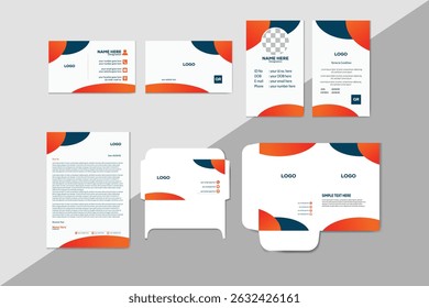 Identidade corporativa profissional minimalista e design estacionário com cartão de visita, cartão de identificação, papel timbrado, envelope e pasta de arquivos