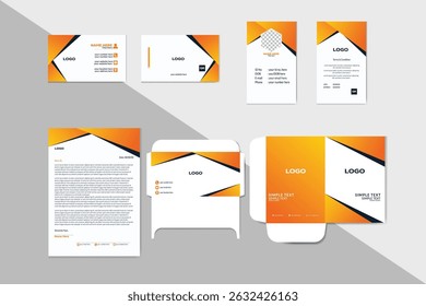 Identidade corporativa profissional minimalista e design estacionário com cartão de visita, cartão de identificação, papel timbrado, envelope e pasta de arquivos