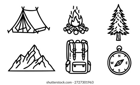 Uma coleção de vetor de arte de linha minimalista profissional de aventura ao ar livre essencial e equipamento de acampamento. Este conjunto inclui uma tenda clássica A-frame, uma fogueira ruidosa com toras, um pinheiro alto, uma cordilheira acidentada, uma mochila para caminhada (mochila) e uma bússola de navegação. Esses rabiscos pretos e brancos desenhados à mão são perfeitos para gráficos de blog de viagem, mapas de trilhas do parque nacional, marca de vestuário ao ar livre, catálogos de equipamentos de acampamento e infográficos com tema natural.