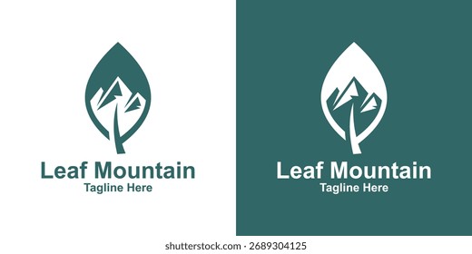 Logotipo minimalista de Profesional que combina un símbolo de hoja y montaña que representa la naturaleza, el estilo de vida ecológico, el crecimiento, la aventura y la exploración al aire libre.