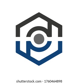 A professional minimalist logo featuring a stylized hexagonal shape in navy blue and gray. The geometric design includes circular and linear elements that symbolize connectivity, precision, and architectural structure. Ideal for IT startups, security firms, construction companies, and innovative corporate identities. Isolated on a white background