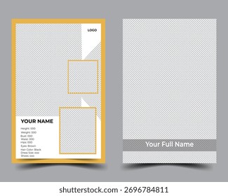 A professional and minimalist model comp card vector template featuring placeholders for model photos, personal details, measurements, and contact information. 