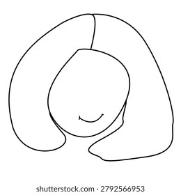A professional minimalist monoline vector illustration featuring a stylized female face with no eyes or nose, emphasizing anonymity and internal reflection. The artwork depicts a woman's head in a three-quarter view, slightly tilted to the side with a subtle thin line for a smile, creating a peaceful and harmonious mood. Using a clean continuous black line on a white background, this isolated visual asset is perfect for modern branding, editorial designs, and psychological concepts related to identity, mindfulness, and the human condition. Ideal for presentation slides, UI layouts, and creative digital content