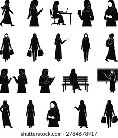 Professional minimalist silhouette collection featuring modern hijab women in diverse lifestyle and professional poses. Clean black vector silhouettes designed for inclusive branding, educational content, editorial projects, UI and UX design, and commercial stock usage. Contemporary modest fashion representation isolated on white background.