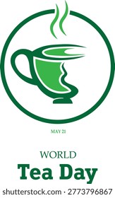 Professional minimalist tea cup logo created for World Tea Day celebration. This clean vector illustration represents a modern flat design style, ideal for organic beverage branding, cafe identity, and healthy lifestyle graphics. A simple yet elegant design element for tea menus, wellness projects, and international tea events.