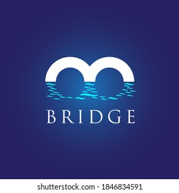 A professional minimalist vector logo featuring a creative bridge concept. The design uses a bold white arch that forms the upper half of the letter B or the number 8, with a stylized turquoise reflection in the water below to complete the shape. Set against a deep blue gradient background with elegant "BRIDGE" typography, this modern geometric icon is perfect for civil engineering firms, infrastructure developers, logistics companies, and architectural consulting.
