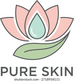 Um logotipo vetor minimalista profissional com uma flor de lótus rosa, uma folha verde hortelã e uma gota de água azul, perfeito para cuidados com a pele orgânica e marca de spa.
