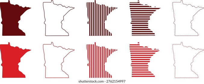 Professional Minnesota map outline collection featuring stripe dot and solid styles Clean modern shapes perfect for design presentation print and branding use Fully editable scalable graphics ideal for creative projects education and regional themed visuals with clear structured layout