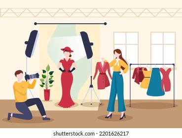 Professionelle Modellvorlage handgezeichnete Cartoon-Flach-Illustration mit Fotograf nimmt ein Bild eines Posing-Models Design