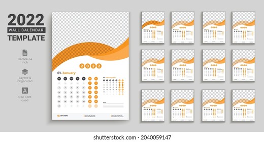 Professional Modern 2022 Wall Calendar Template, red color editable and organized. 