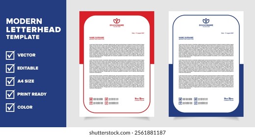 professional and modern a4 letterhead template for creative business company office stationery in blue and red color