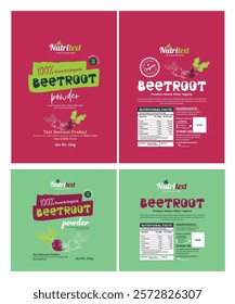 Professional modern beetroot powder packaging label featuring vibrant colors, clear typography, and organic illustrations, with Eco-friendly design elements, nutritional facts, and product details.