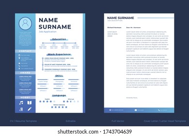Professional modern blue CV resume template and letterhead /cover letter, curriculum vitae business vector minimalist