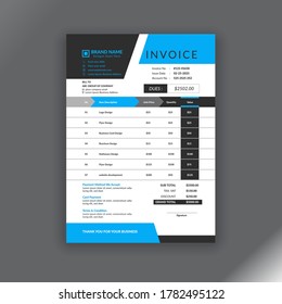 Professional and modern clean business invoice template, vector format, minimal business invoice, black and blue color invoice
