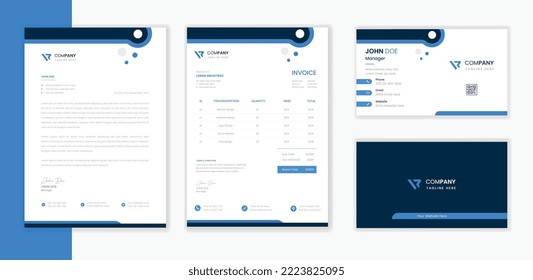 Paquete de plantillas de diseño de estacionería corporativa profesional moderna, membrete comercial con tarjeta de visita y vector de factura