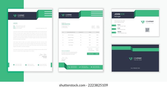 Paquete de plantillas de diseño de estacionería corporativa profesional moderna, membrete comercial con tarjeta de visita y vector de factura